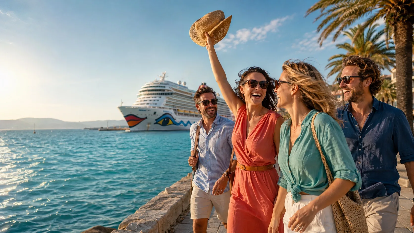 Freunde genießen ihren Urlaub am Meer vor einem AIDA Kreuzfahrtschiff
