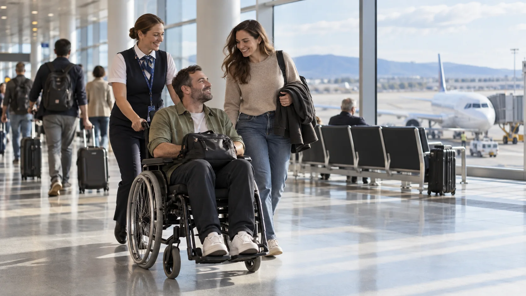 Rollstuhlnutzer reist mit Begleitung und Assistenz durch einen europäischen Flughafen