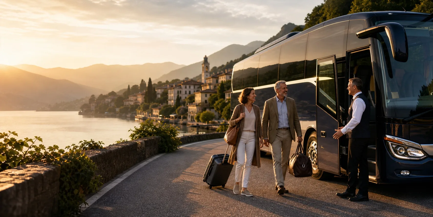 Paar wird an einem modernen Reisebus an einem europäischen See begrüßt