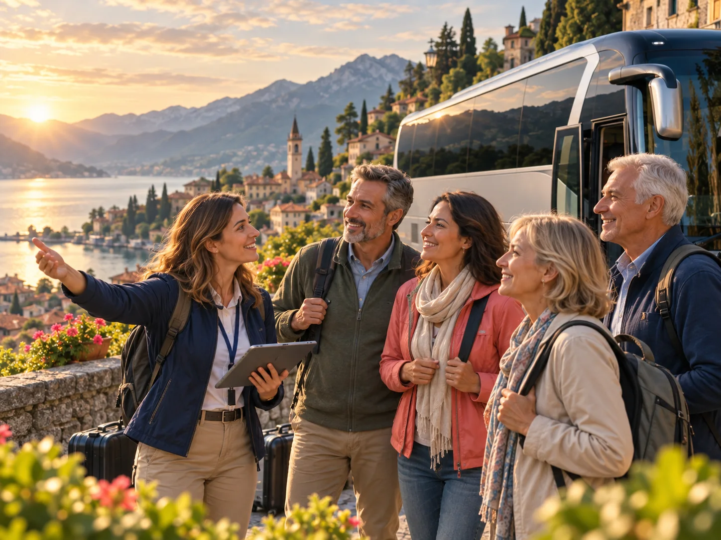 Bustivo Reisegruppe plant mit ihrer Reisebegleiterin einen gemeinsamen Ausflug