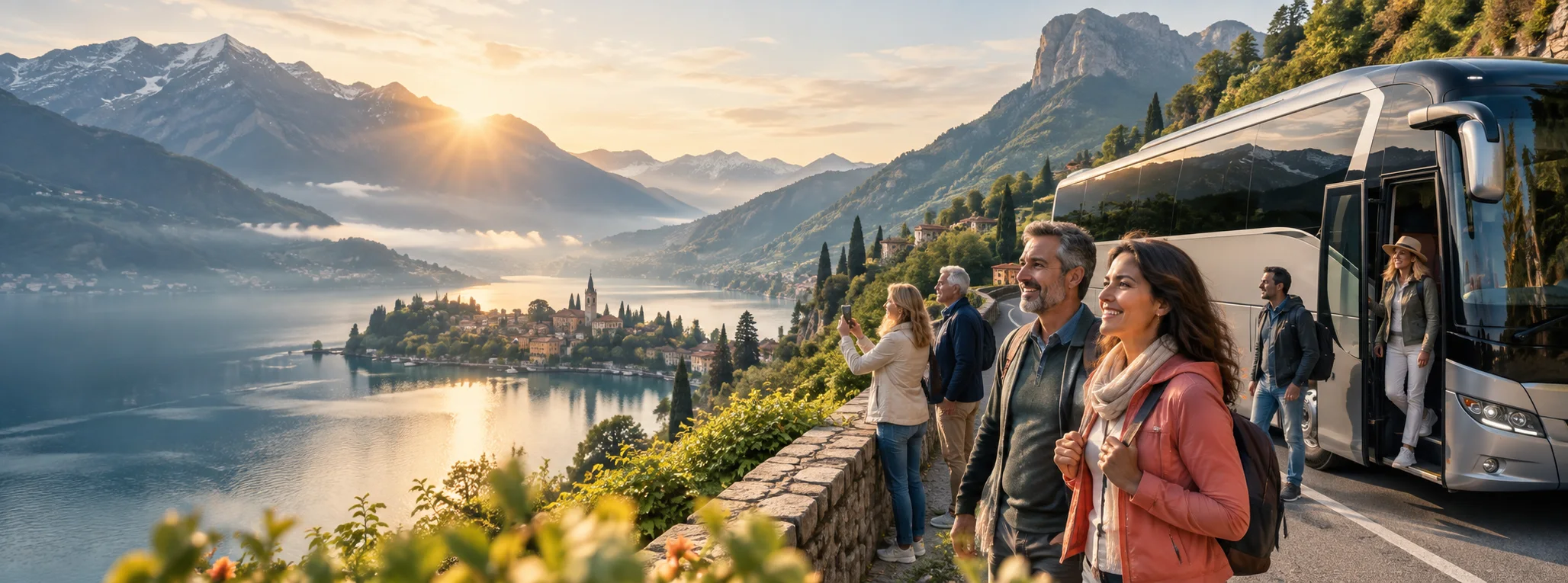 Reisegäste genießen bei Sonnenaufgang den Blick auf einen Alpensee neben ihrem Reisebus