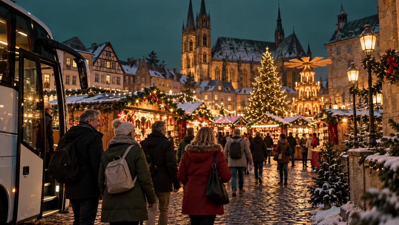 Busreisende erreichen einen festlich beleuchteten Weihnachtsmarkt
