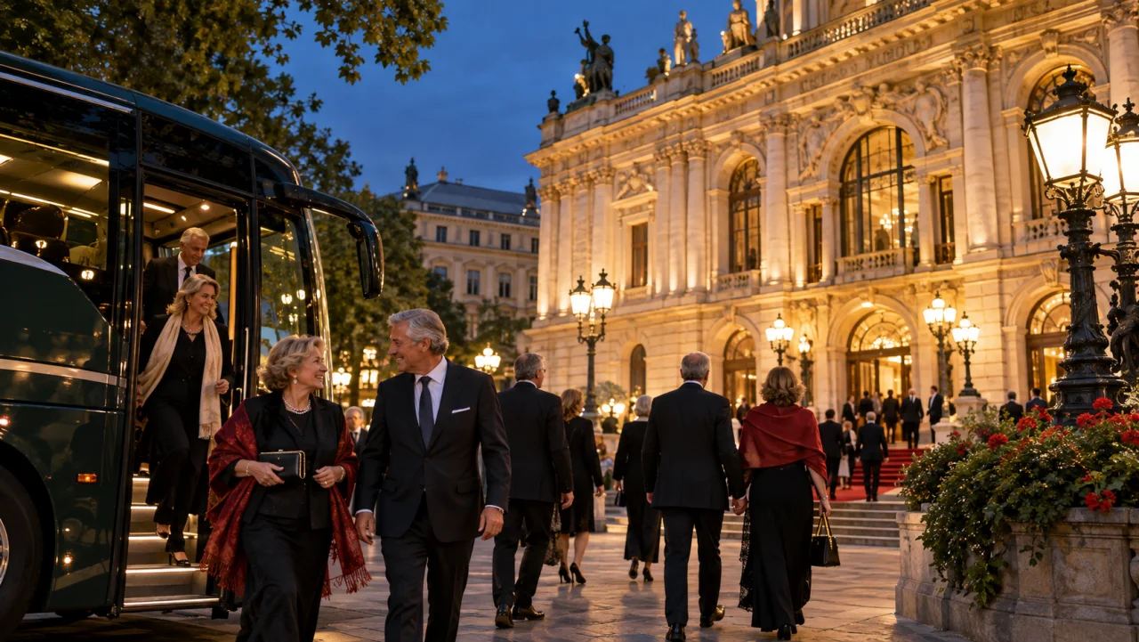 Festlich gekleidete Busreisende kommen an einem beleuchteten Opernhaus an