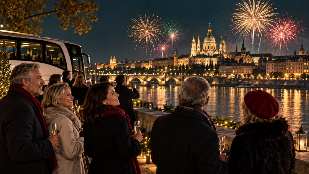 Bustivo-Reisende erleben ein Feuerwerk über einer europäischen Stadt