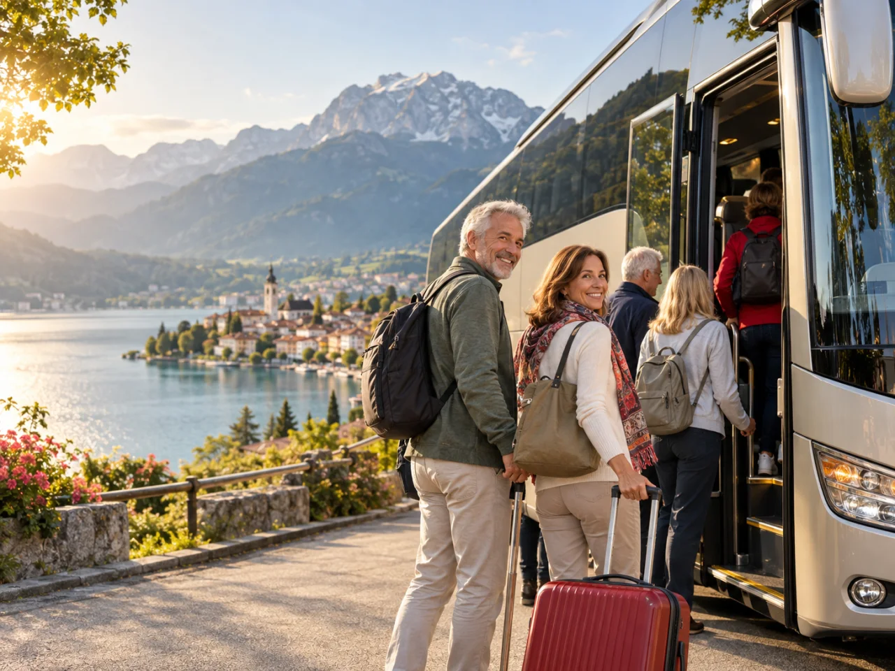 Reisende steigen an einem Alpenpanorama in einen modernen Reisebus