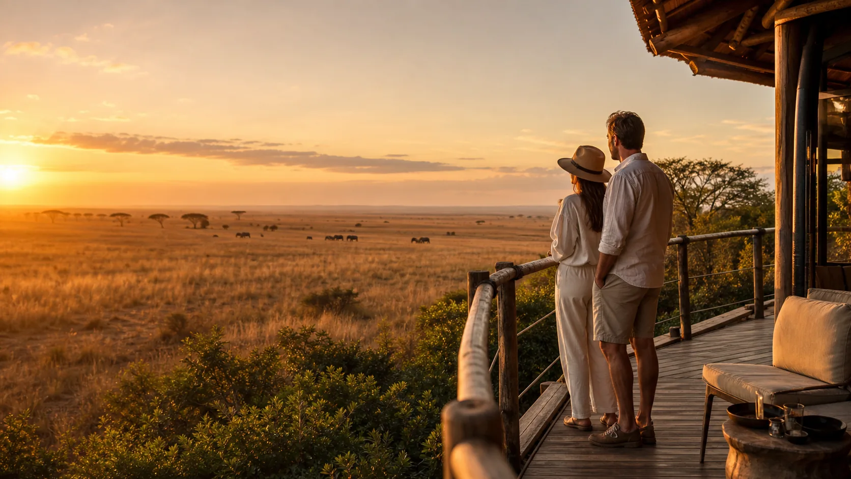 Paar genießt den Sonnenuntergang über einer weiten afrikanischen Savanne
