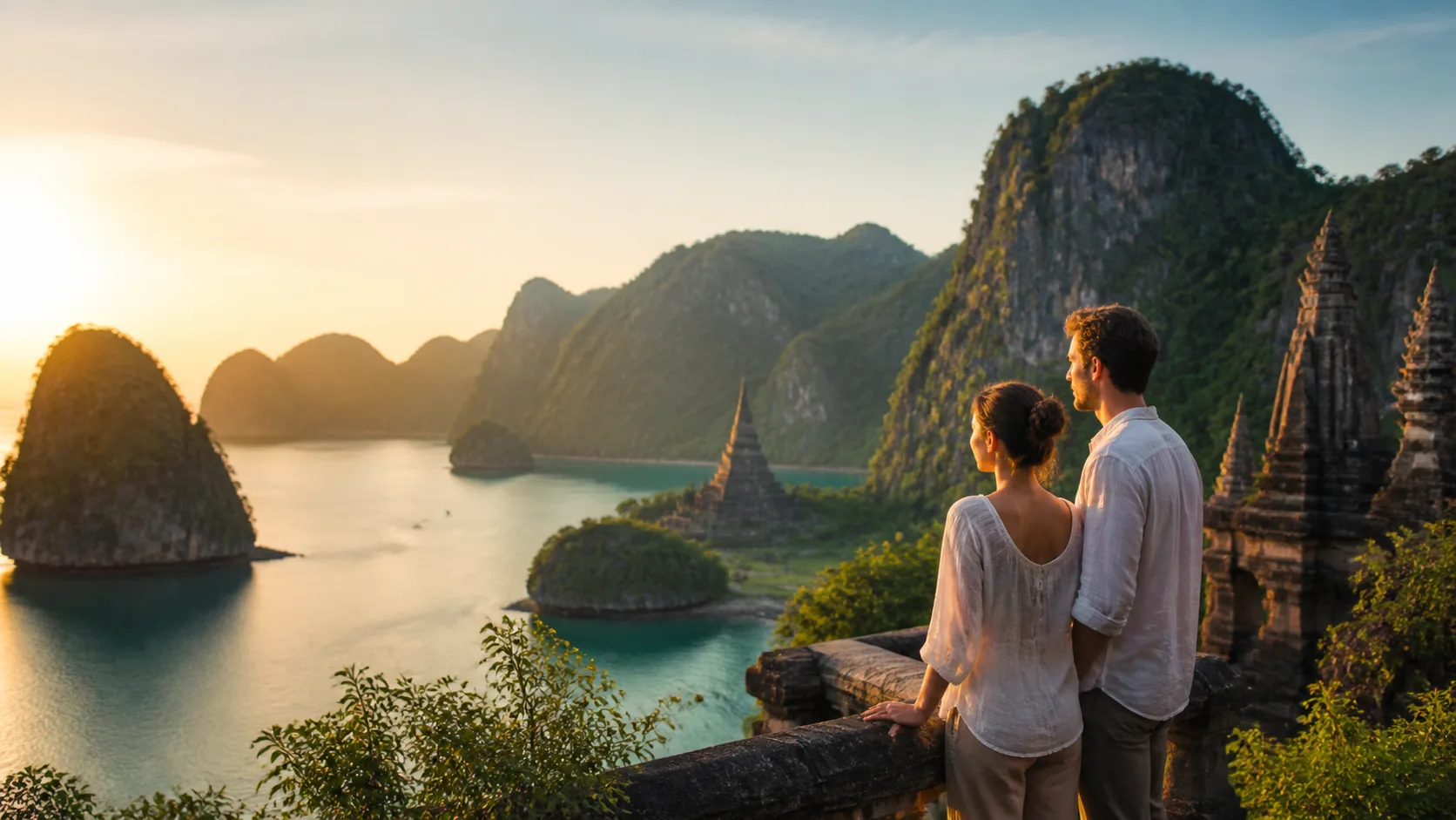 Paar blickt bei Sonnenaufgang auf eine tropische Küstenlandschaft in Asien