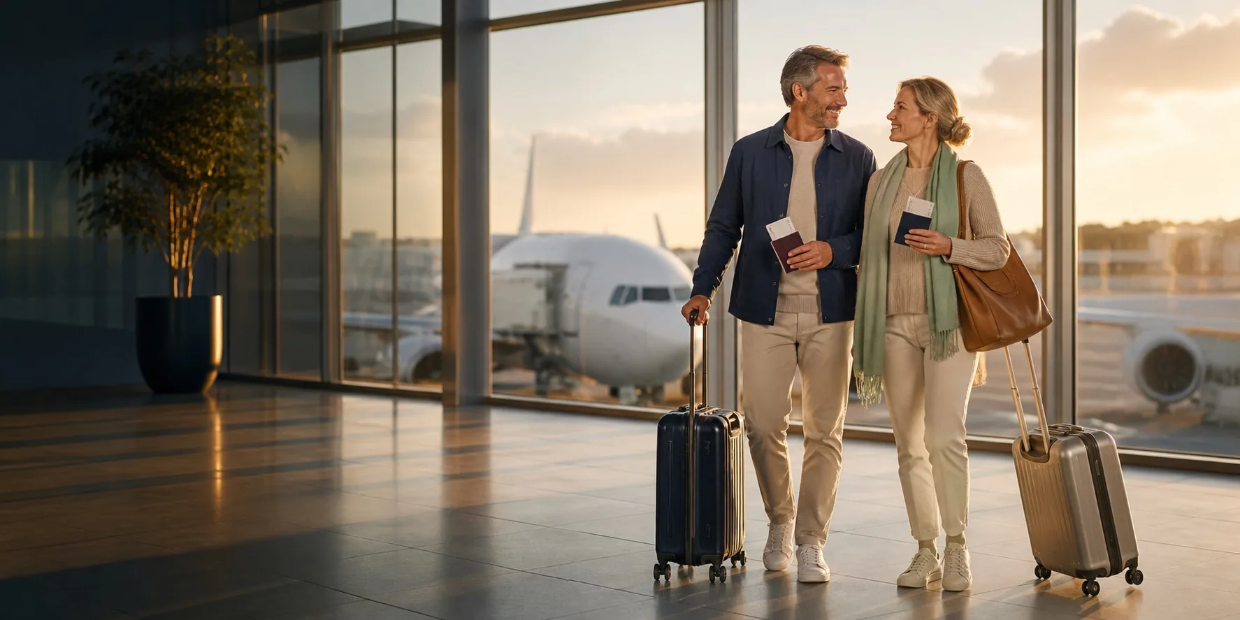 Reisende prüfen am Flughafen ihre Reisedokumente vor dem Abflug