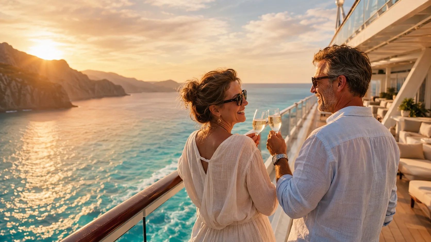 Paar stößt bei Sonnenuntergang auf dem Deck eines Kreuzfahrtschiffes an