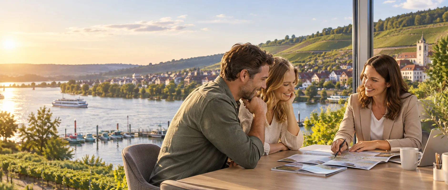 Paar bei einer persönlichen Reiseberatung mit Blick über eine Stadt am Rhein