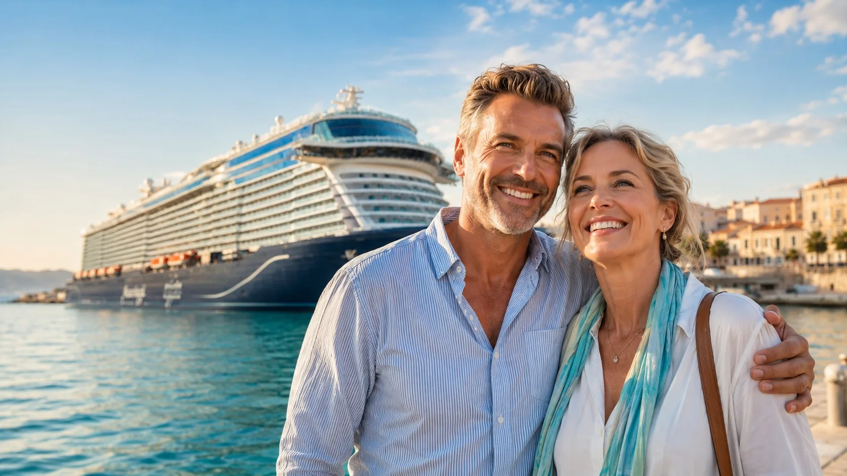 Lächelndes Paar vor einem Mein Schiff Kreuzfahrtschiff im sonnigen Hafen